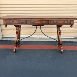 Vintage Wooden Console Table with 3 Drawers & Metal Hardware