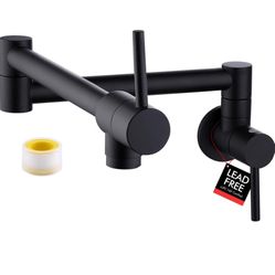 KES Pot Filler Folding Kitchen Faucet Double Joint Swing Arm Sink Faucet Articulating Wall Mount Two Handle Single Hole, Matte Black, cUPC NSF Certifi