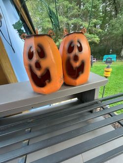 2 Metal Used Pumpkin Tea Light Holders Ex Cond 8 .5” H 