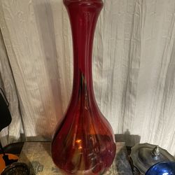 Beautiful Red With Colored Swirls Pier One Hand Blown Art Glass Vase 
