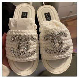 Chanel Woven Raffia Crystal CC Slides