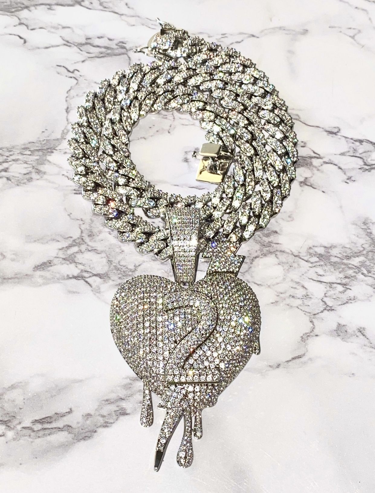 Men’s Miami Cuban Link Chain Necklace, 14K White Gold 5X Layered Cuban Chain, Drip Heart Necklace, CZ Diamond Heart Choker, ICY Necklace, Chain