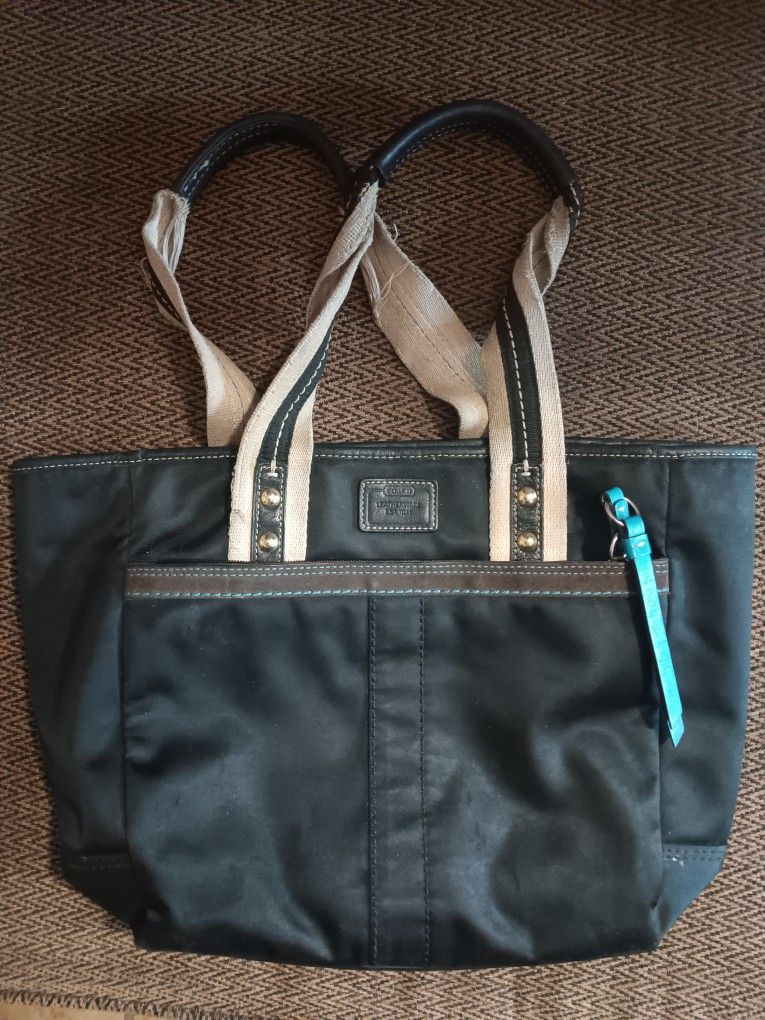 COACH Black And Teal Purse With Brown Handles