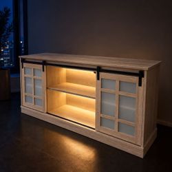 New In Box TV Entertainment Center Stand Barn Door Cabinet With Adjustable Shelf Fits Up To 65” Television Grayish Oak Color 