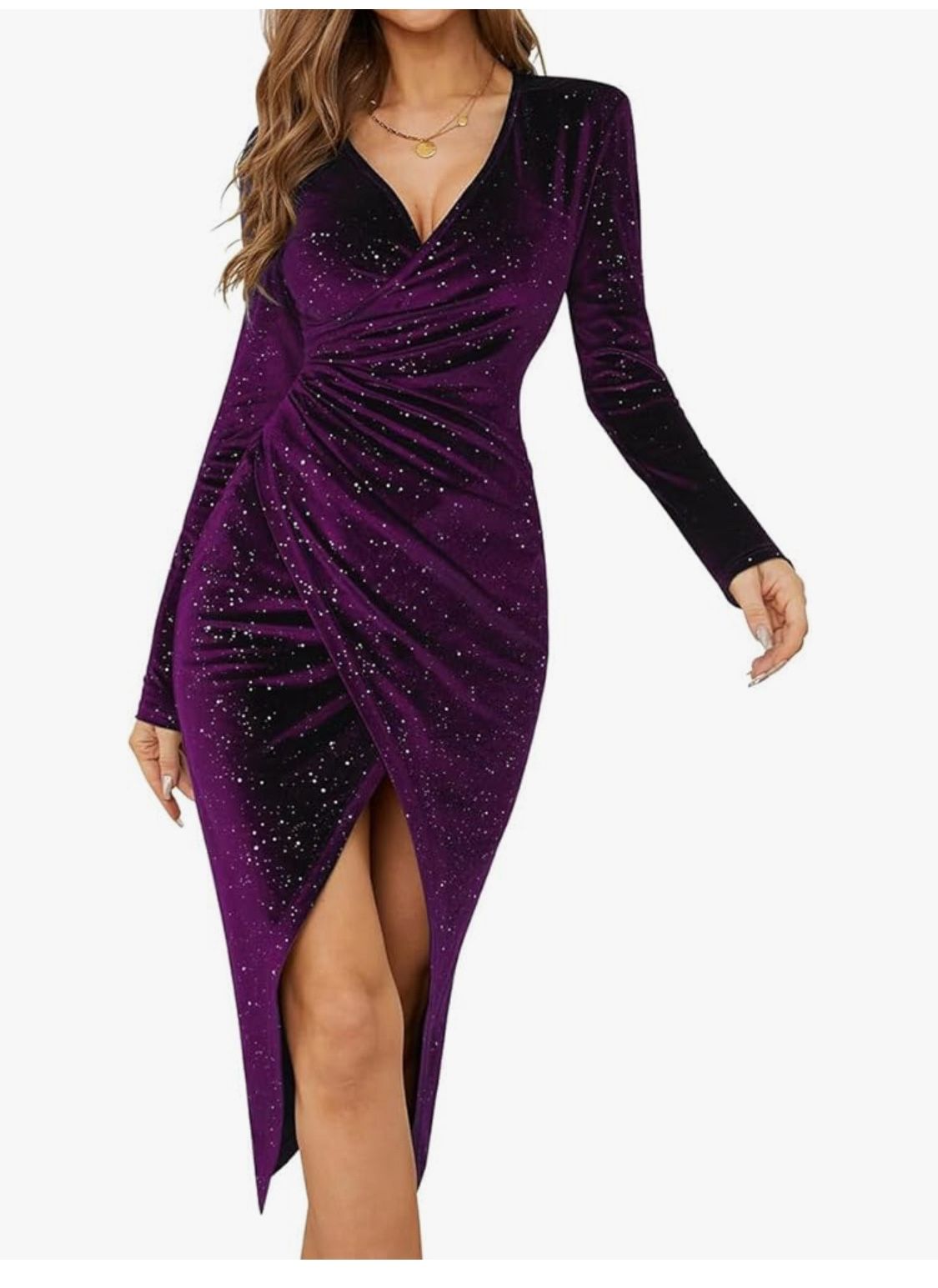 Women's V Neck Long Sleeve Velvet Dress Elegant Ruched Bodycon Cocktail Party Fall Wedding Guest Dresses,
