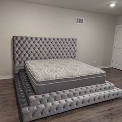 👑 🩶 Brand new luxury upholstered grey queen size step bed frame - opt mattress | Pay after delivery 🚚