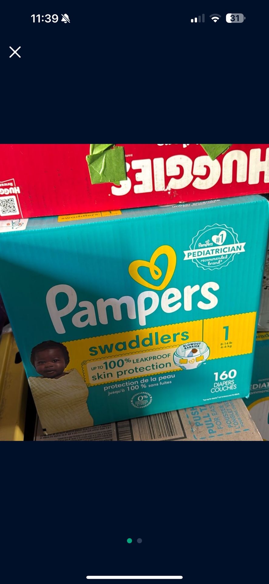 Two Boxes Size 1 Pampers Swaddlers $50