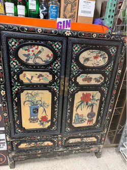 Chinese Black Wood Cabinet, Hand-Painted Floral & Bird Panels, 2 Doors Drawers