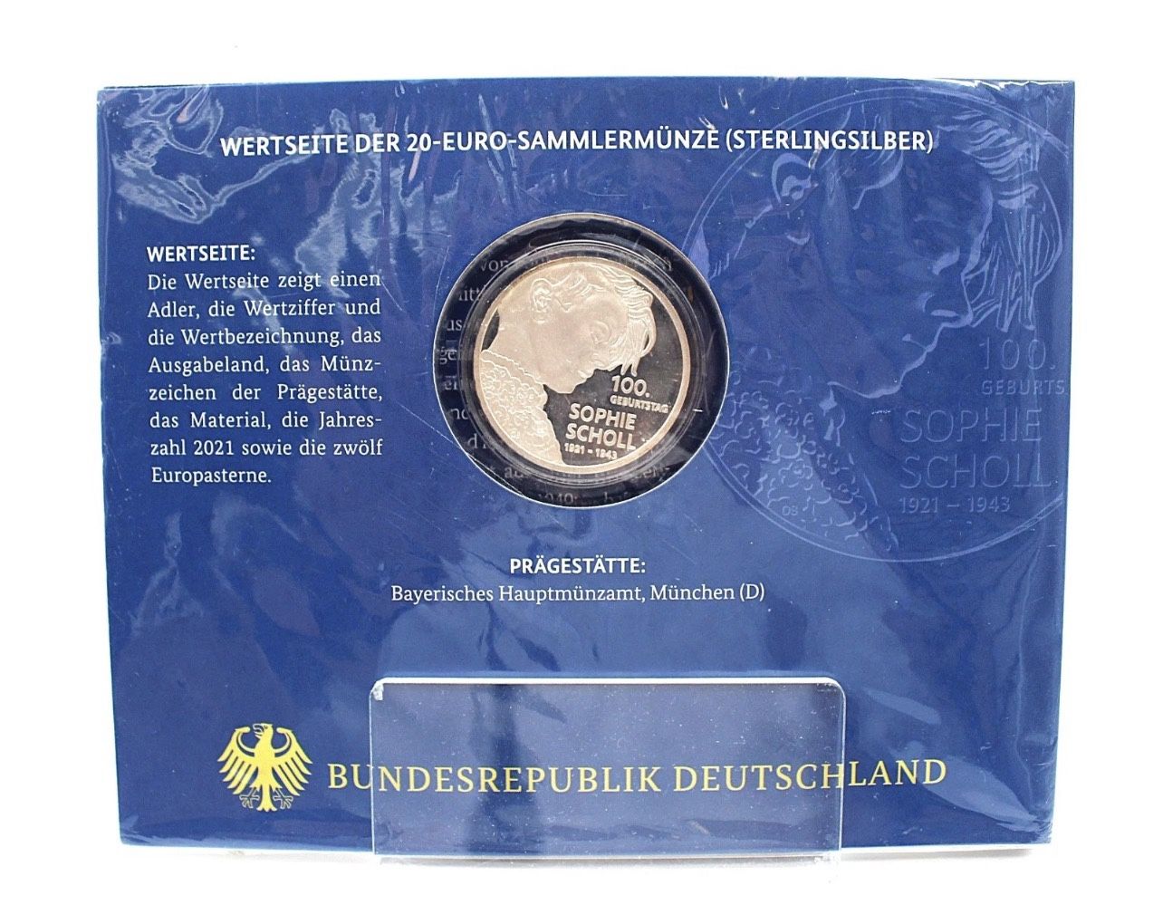 Germany 20 Euro Silver Coin 2021 – Sophie Scholl 100th Birthday Proof (Ag 925)