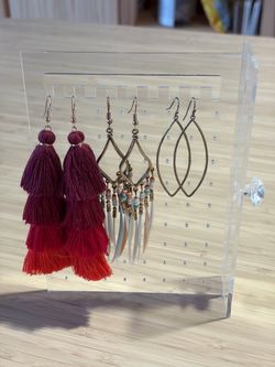 Set of 3 Boho Dangle Earrings – Red Tassel, Feather Bead & Marquise Hoop