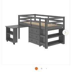 Gray Kids Twin Size Loft Bed With Desk, Shelf And Chest