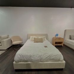 Modern Bed Frame — Chenille Fabric (All Sizes NEW)