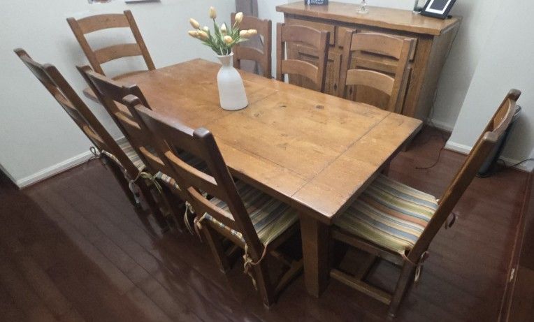 Rustic Solid Wood Dining Set with Rustic Solid Wood Sideboard / Buffet Cabinet