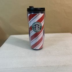 2009 Starbucks Tumbler Cup Travel Coffee Mug Red & White Candy Cane Striped 12oz. 
