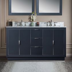 VENICE-6021D-GREY-BN+TOP.  Venice 60"x21"x33" Solid Wood Bath Vanities Side Cabinet in Grey with Brushed Nickel Trim and Carrara Marble Vanity Top Cab