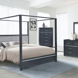 Grey 5 Piece Queen Canopy Bedroom Set (New In Box)