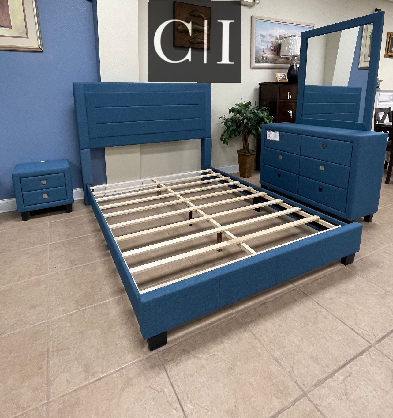 New Blue Queen Bedroom Set ( Mattress Sold Separately)