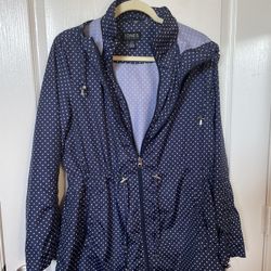 Jones New York Blue Polka Dot Windbreaker double layer zippers, size women’s L in great condition