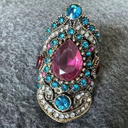 Large Vintage Statement Colored Pink Turquoise Gemstone Metal Size 7 Ring