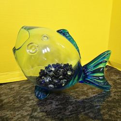 Vintage Handblown Blue Art Glass Fish Sculpture12"×14" 