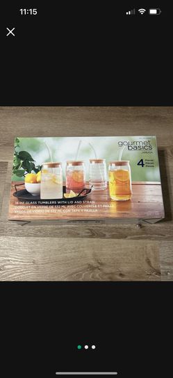 Mikasa  Four 18 Ounce Coffee Glass Tumblers With Lid And Straw