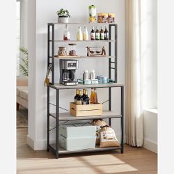 Coffee Bar/Rack /Kitchen Storage Tall Stand Shelf ,6 Hooks and Metal Frame