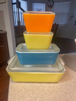 PYREX 501 502 503 Refrigerator Dishes w/ Ribbed Lids Complete Set