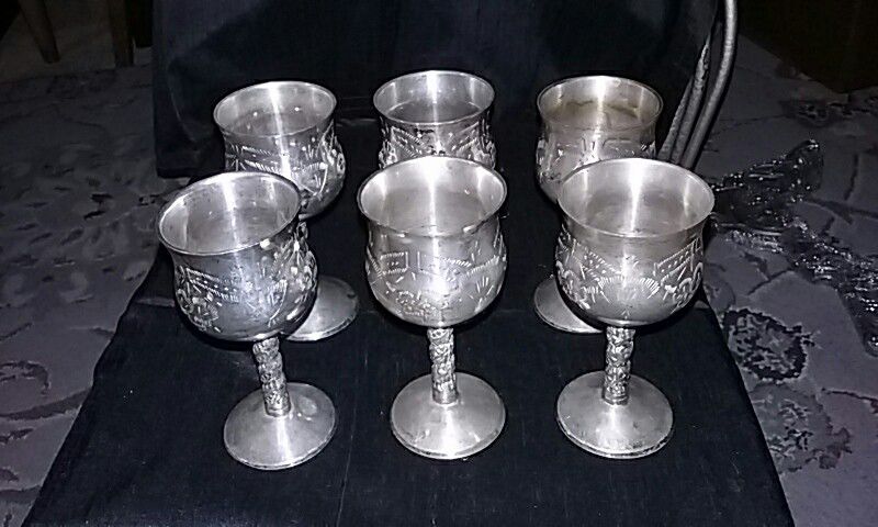 Antique Silverpated Set of 6 Appertif or Shot Glasses 4" high