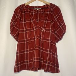 Loft Tie Neck Balloon Short Sleeve Top Womens L Red Plaid Holiday Casual EUC