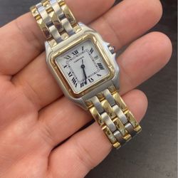 Cartier Mens 18k/SS 3tone Panthere 🐆 Cougar Santos Box Papers Buy Sale Trade Rolex Patek Omega Chopard Diamonds Good Silver Scrap