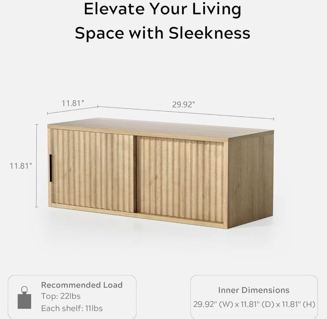 🥨Fluted Wall Cabinet with Sliding Doors, Modern Large Floating Nightstand Storage Shelf Bedside Tables for Bedroom, Study Room Natural Oak