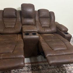 Leather Double Wall Hugger Reclining Couch Manual Home Movie Seating Chairs Or Couch Seats with Cup Holders/Storage//Pillow, Brown