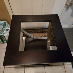 Brown wood side end table wood & metal w / glass top