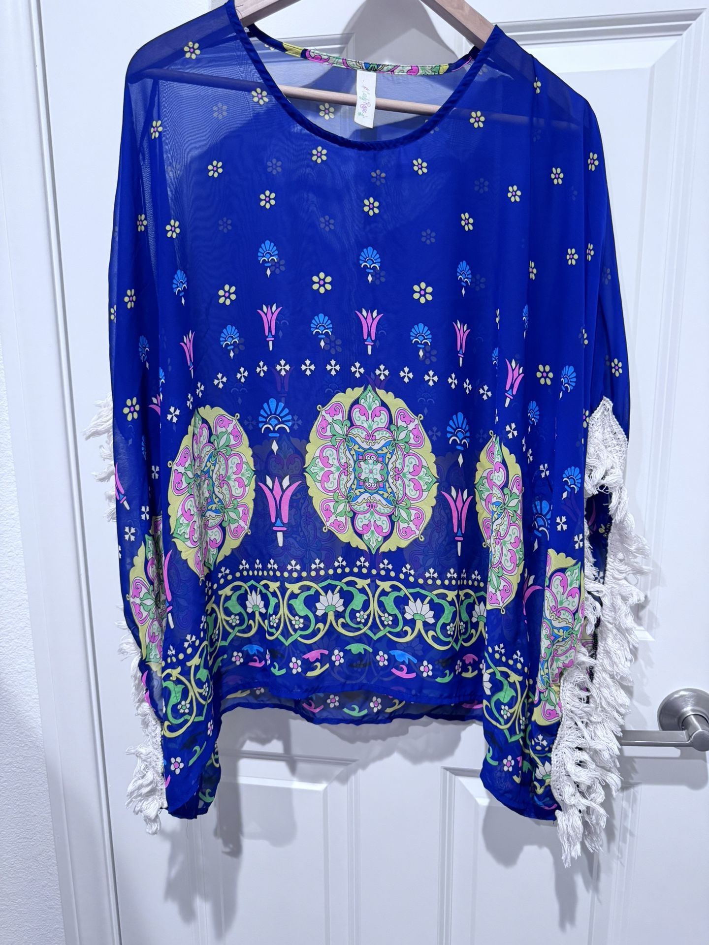 Candy Rose Womens Boho Bohemian Poncho Style Top Blouse Blue With Print L  / XL