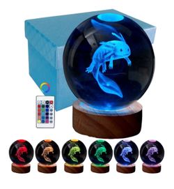 3D Axolotl Crystal Ball Lamp, 3.15 inch Crystal Axolotl Night Light with LED Wooden Base, 16 Colors Change with Remote Control,
