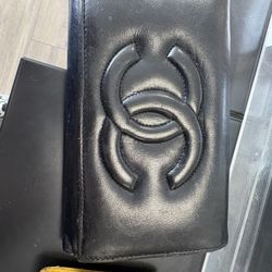 Chanel black leather long wallet coin purse