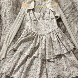 Floral Layered Dress With Sheer White Bolero