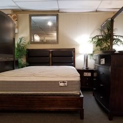 Brand New Brown Padded Queen Bedframe + Dresser + Mirror + Nightstand 4PCs Bedroom Set 