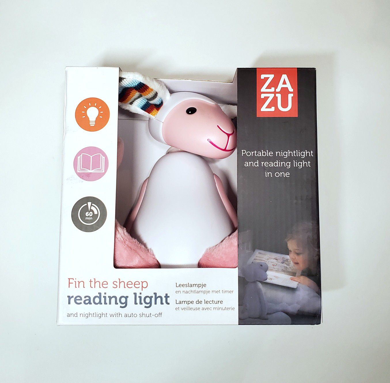 Kids Portable Reading Night Light Toy - Pink Bedside Reading Lamp, Auto Shut-Off, Adjustable Brightness, Cordless - Fin The Sheep by Zazu Kids