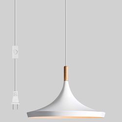 Scandi Plug-In Pendant Light – Sleek White Shade + Wood Accent