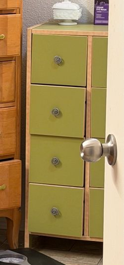 Narrow Wood Dresser with Green Drawer Fronts
