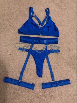 New xl blue lingerie set bra bralette panty garter belt festival rave outfit