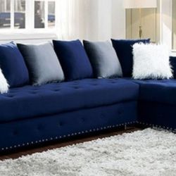 Brand New Blue Velvet Super Plush Sectional Sofa (Pillows Included)