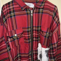 MNML Red Plaid Zipped Flannel Jacket with Graphic Patch Size M