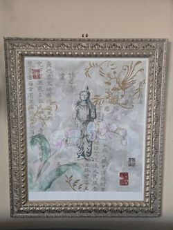 Framed Asian Art Print with Guanyin and Calligraphy