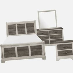 Bedroom Set Farmhouse Style White Gray Queen Set NEW 4 PIECES