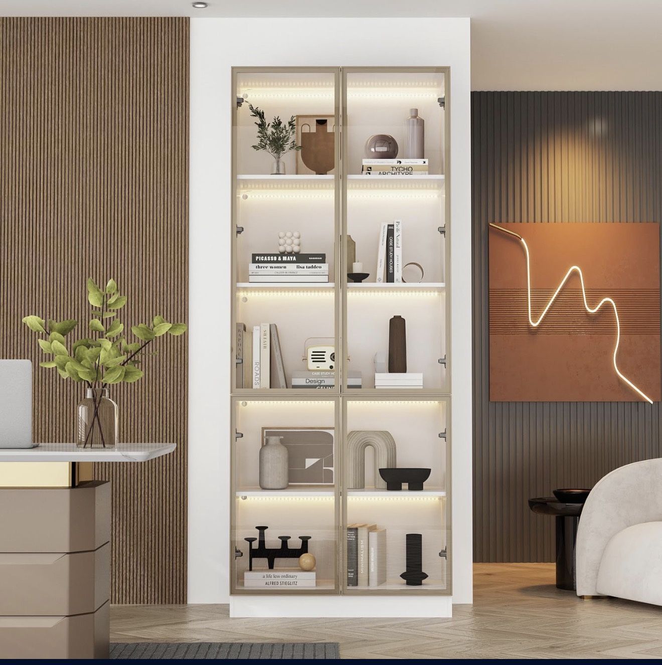 FUFU&GAGA Display Cabinet with Glass Doors and LED Light, 78.7” Tall Bookshelf Glass Storage Cabinet with 5-Tier Shelf, Modern Bookcase for Living Roo