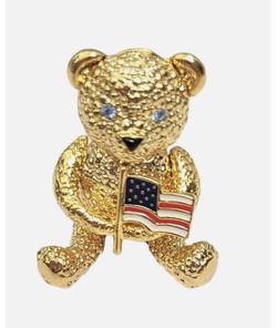 Vintage Napier Goldtone Articulated Blue Rhinestone Eye Bear With US Flag Brooch Signed – C Clasp