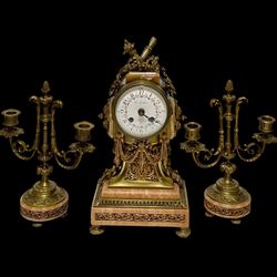 French Bronze And Marble Clock  With Pair of Candelabra Louis XVI Style