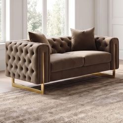Brown button tufted loveseat with gold legs brand new in box firm price $650
